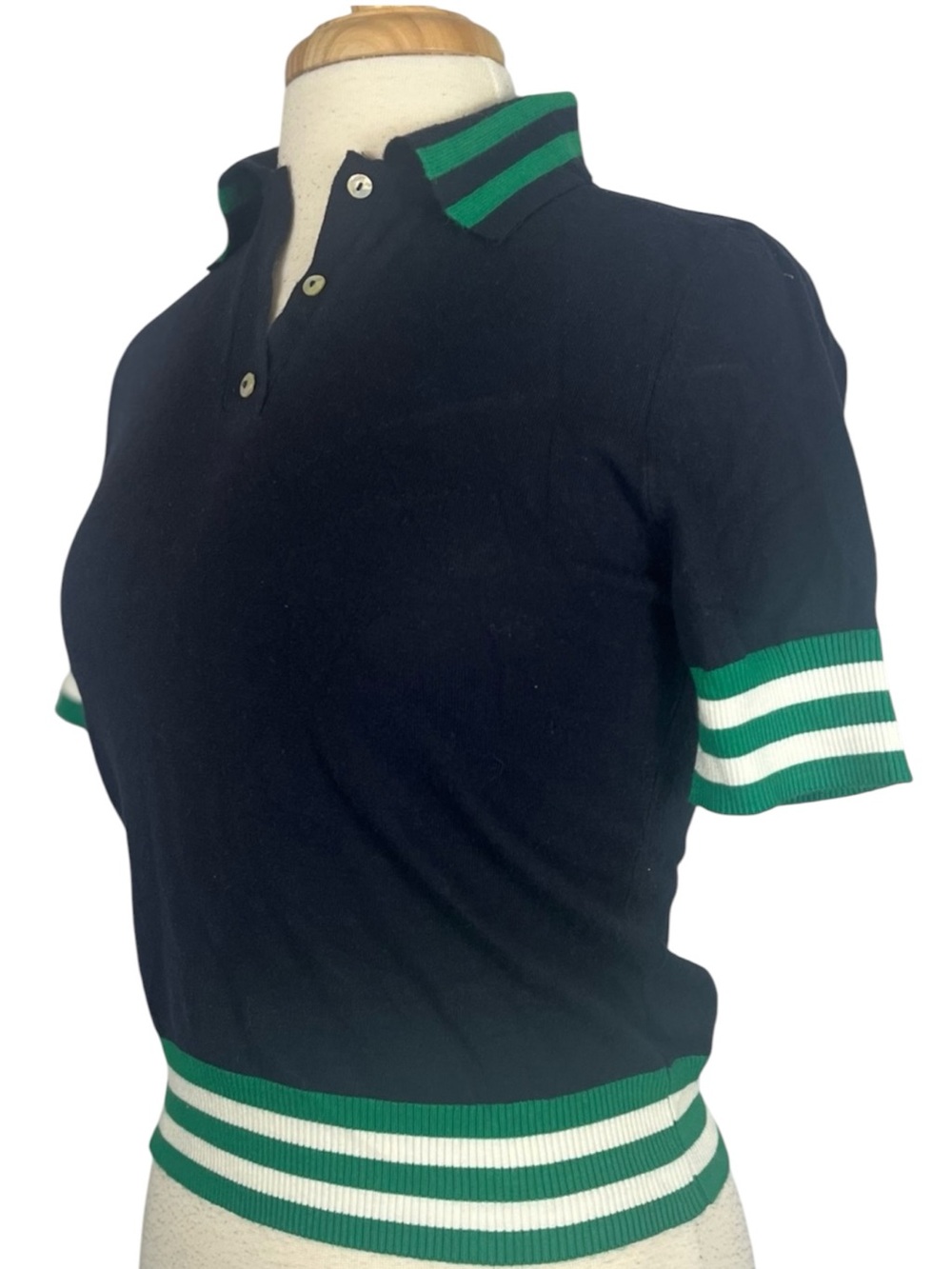 MNG Mango Polo Collar Short Sleeve Sweater Womens XS Navy Blue Preppy Varsity